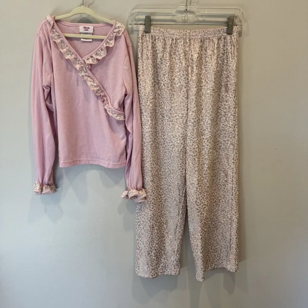 Vintage Y2K Total Girl Pajama Set Leopard Print Ruffle Pink Girls sz Large